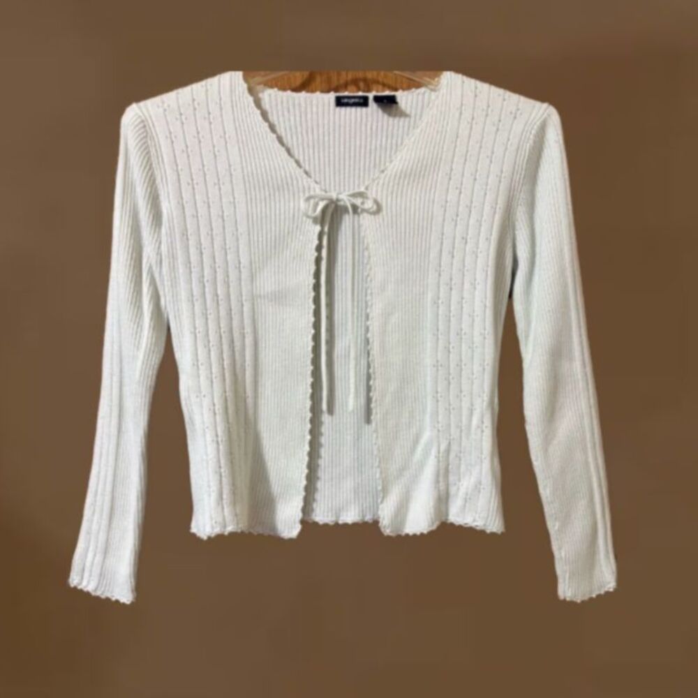 Women’s Small Vintage Tangents Off-White Ribbed Knit Tie-Front Cardigan Sweater